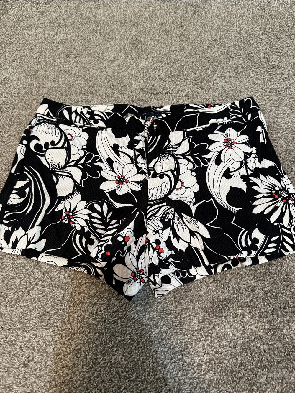 Tommy Hilfiger Black & White Floral High-Waist Women’s Shorts with Red Dots